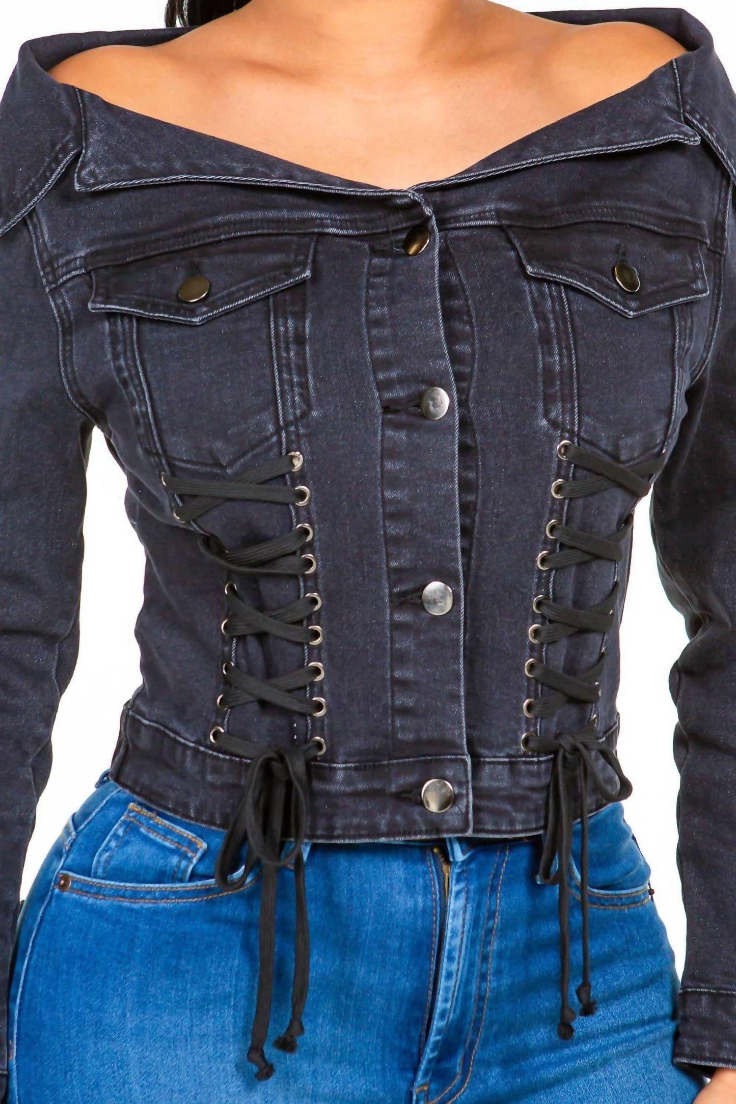 American Bazi - Chic Off Shoulder Lace Up Denim Jacket