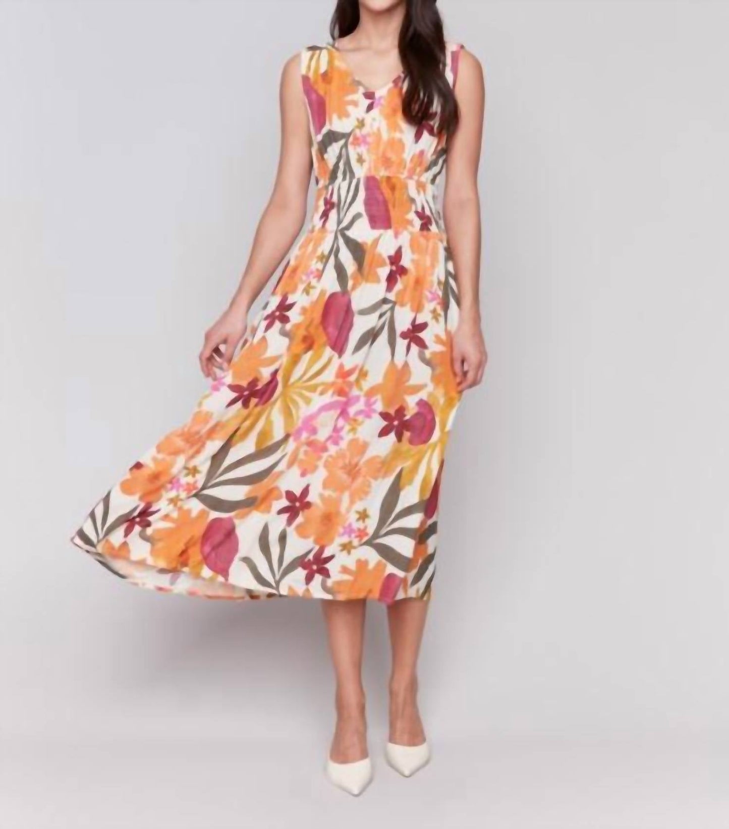 Charlie B - Printed Sleeveless V-neck Dress With Ruching At Empire Waist