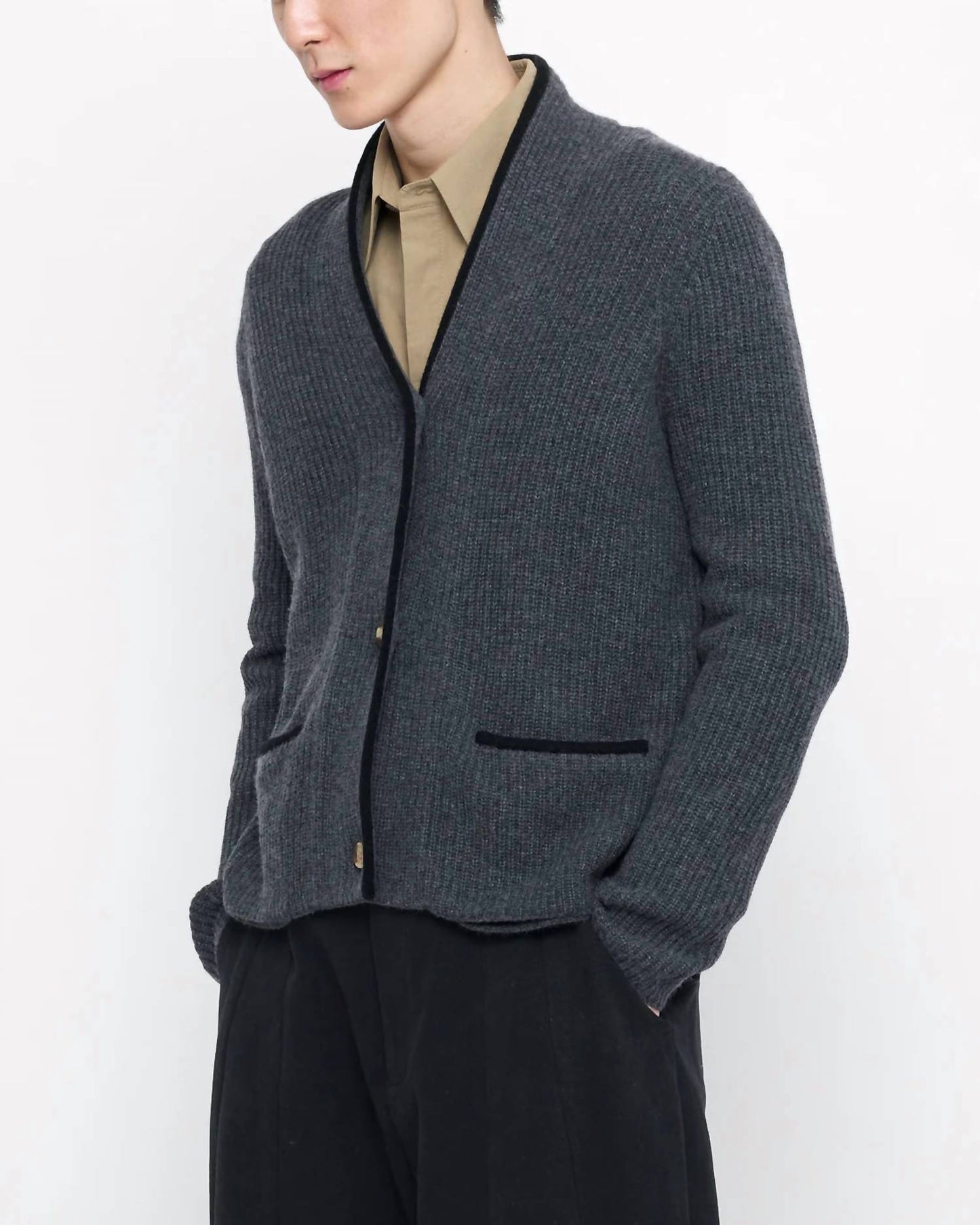 7115 By Szeki - V-neck Pockets Trimmed Cardigan