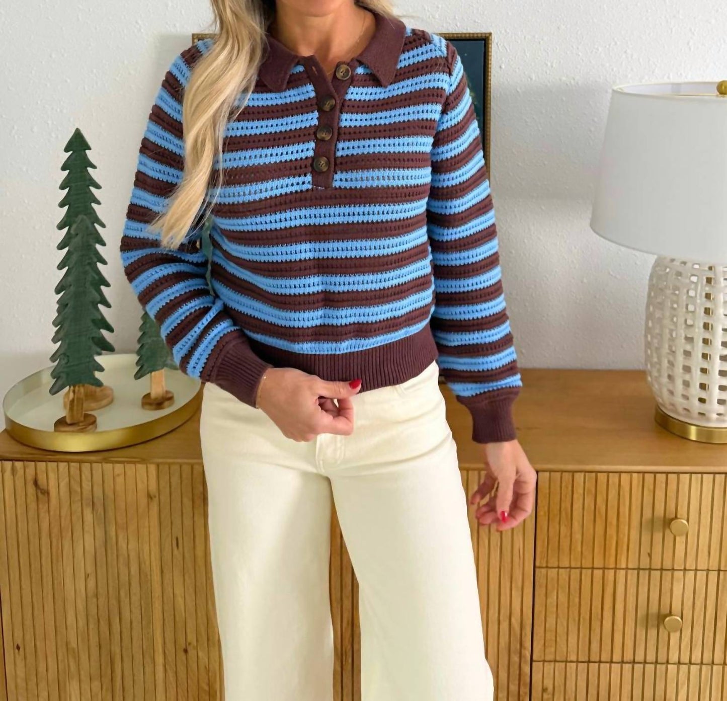 Aaron & Amber - Bohemian Style Half Button Polo Striped Sweater