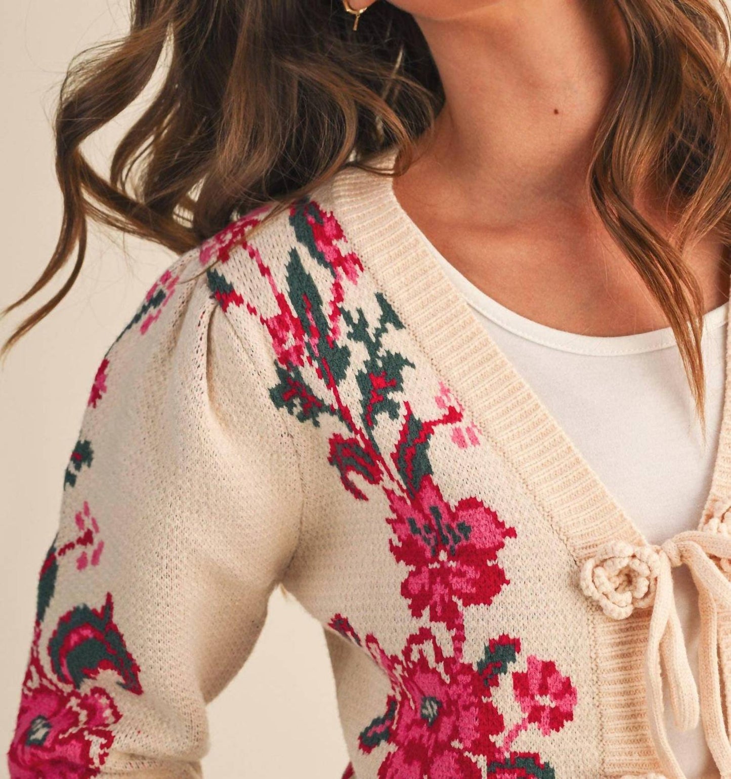 &Merci - Floral Knit Tie-front Sweater Cardigan