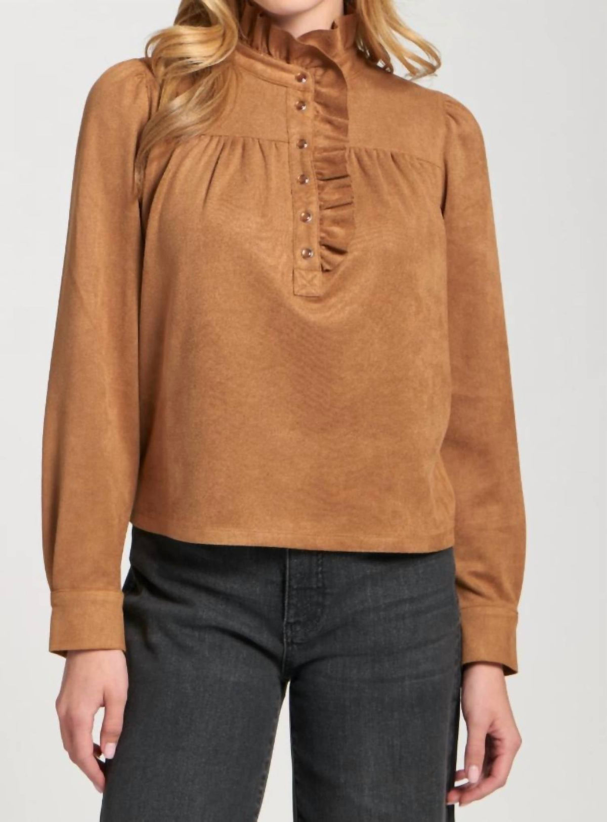 Apny - Long Sleeve Ruffle Trim Top