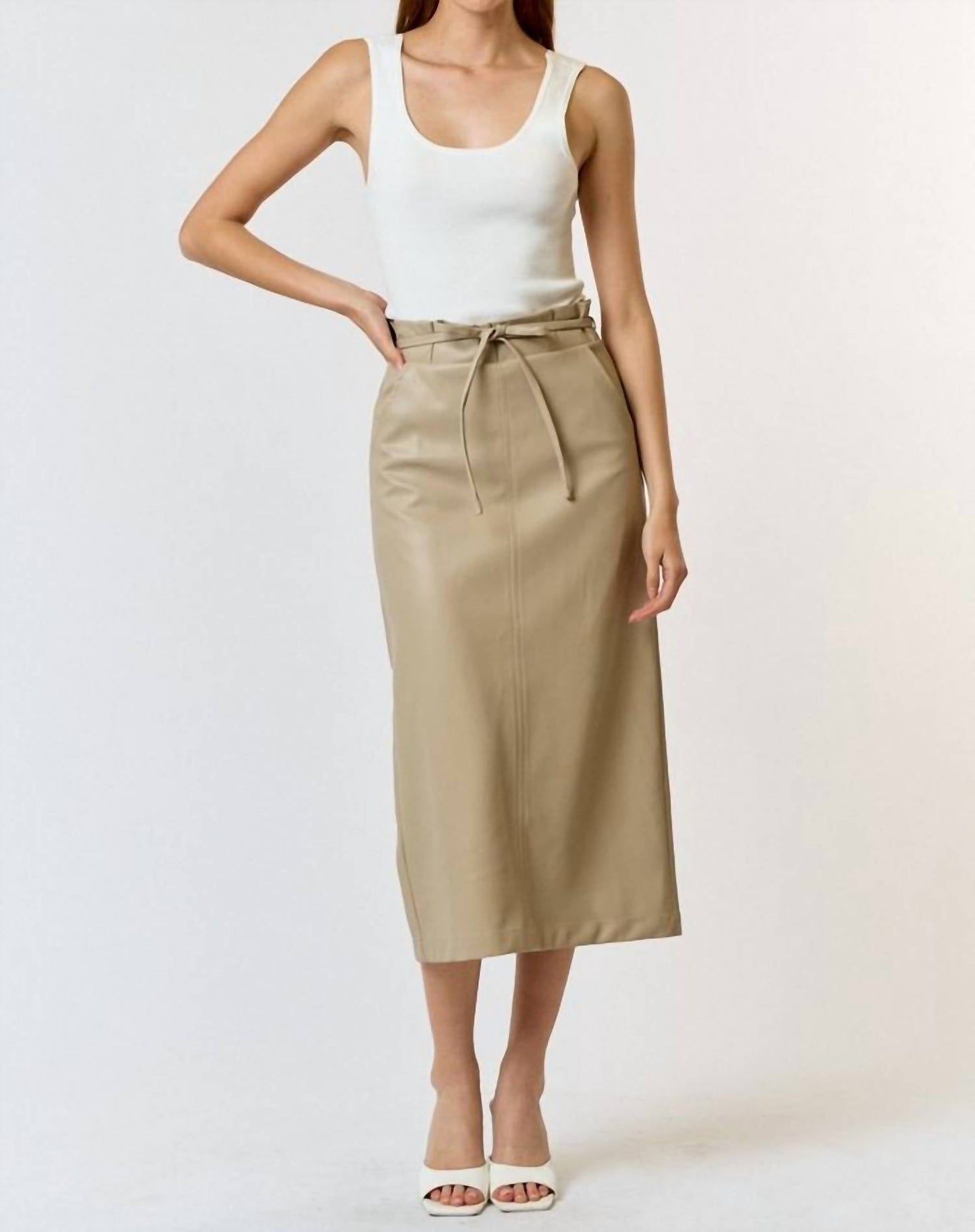 Lalavon - Polyurethane Leather Waist Tie Midi Skirt