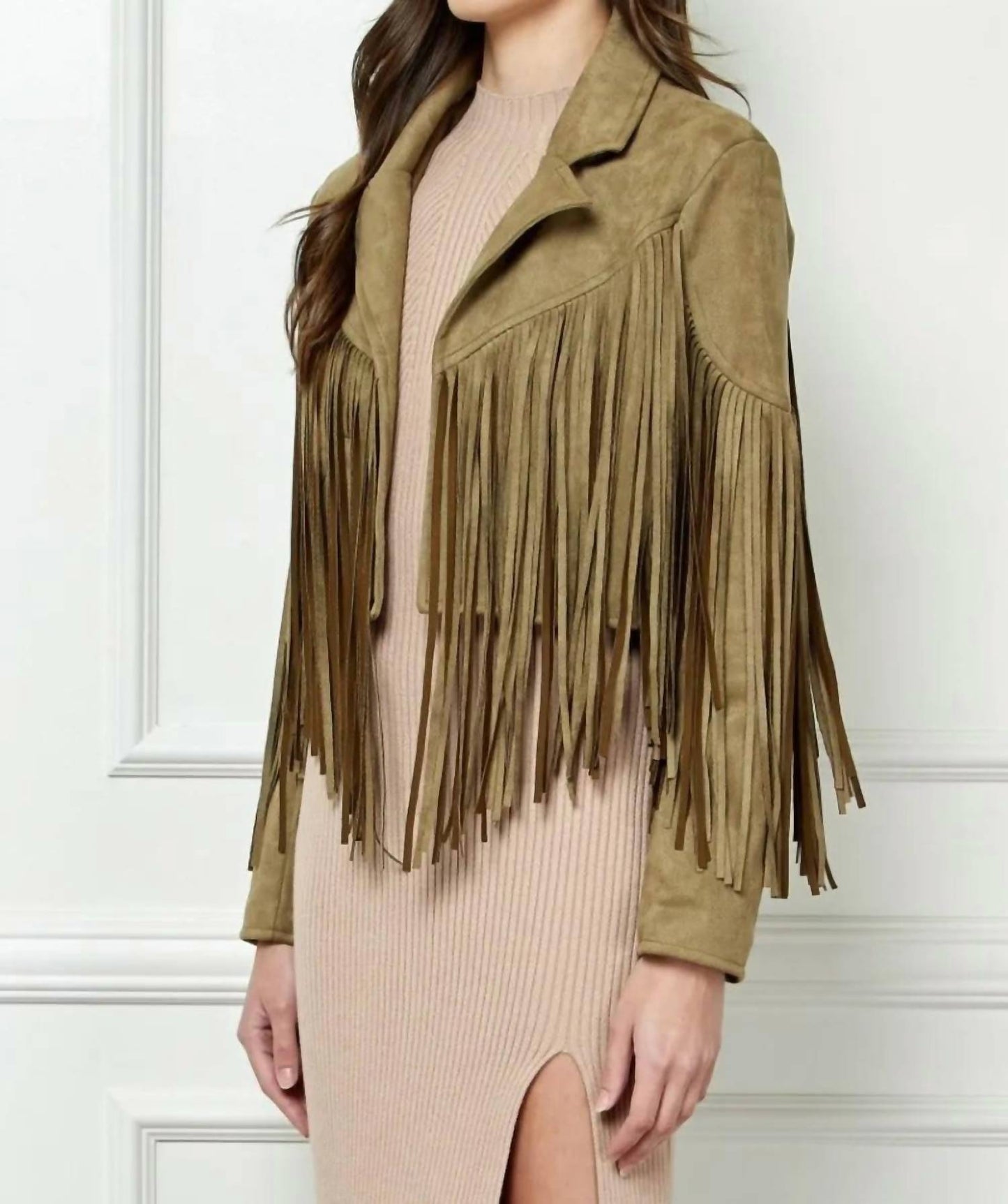 Trendsi - Veveret Suede Fringe Long Sleeve Moto Jacket