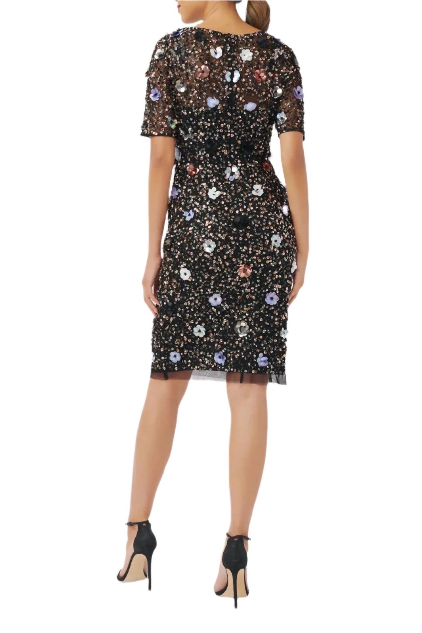 Adrianna Papell - Short Sleeves Back Zipper Short Beaded Dress