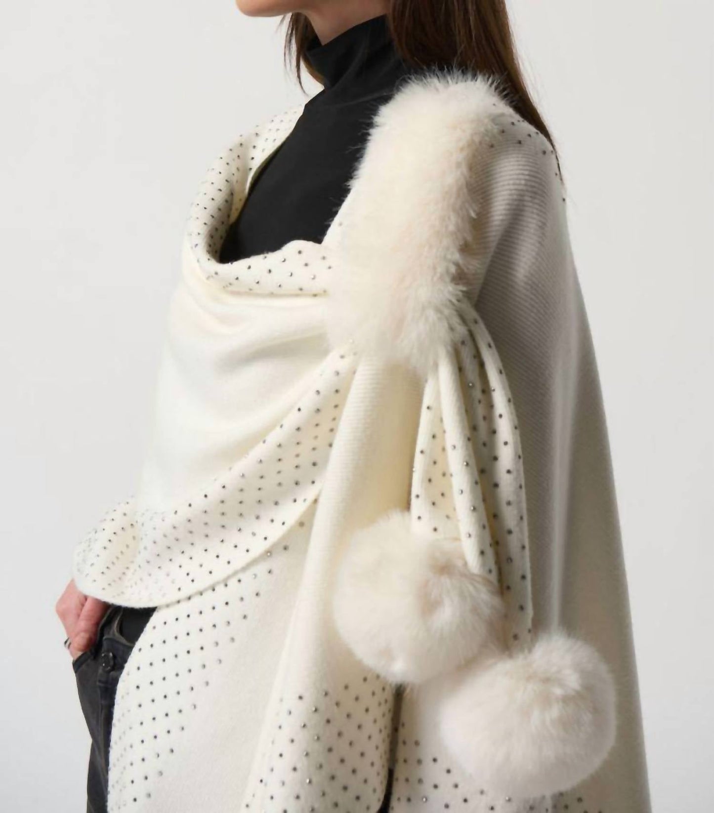 Joseph Ribkoff - Faux Fur Pom Pom Cape Shawl