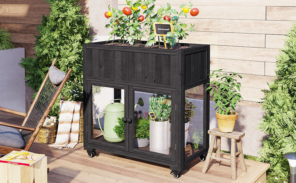 TOPMAX Patio Mini Wood Cold Frame Greenhouse with Wheels