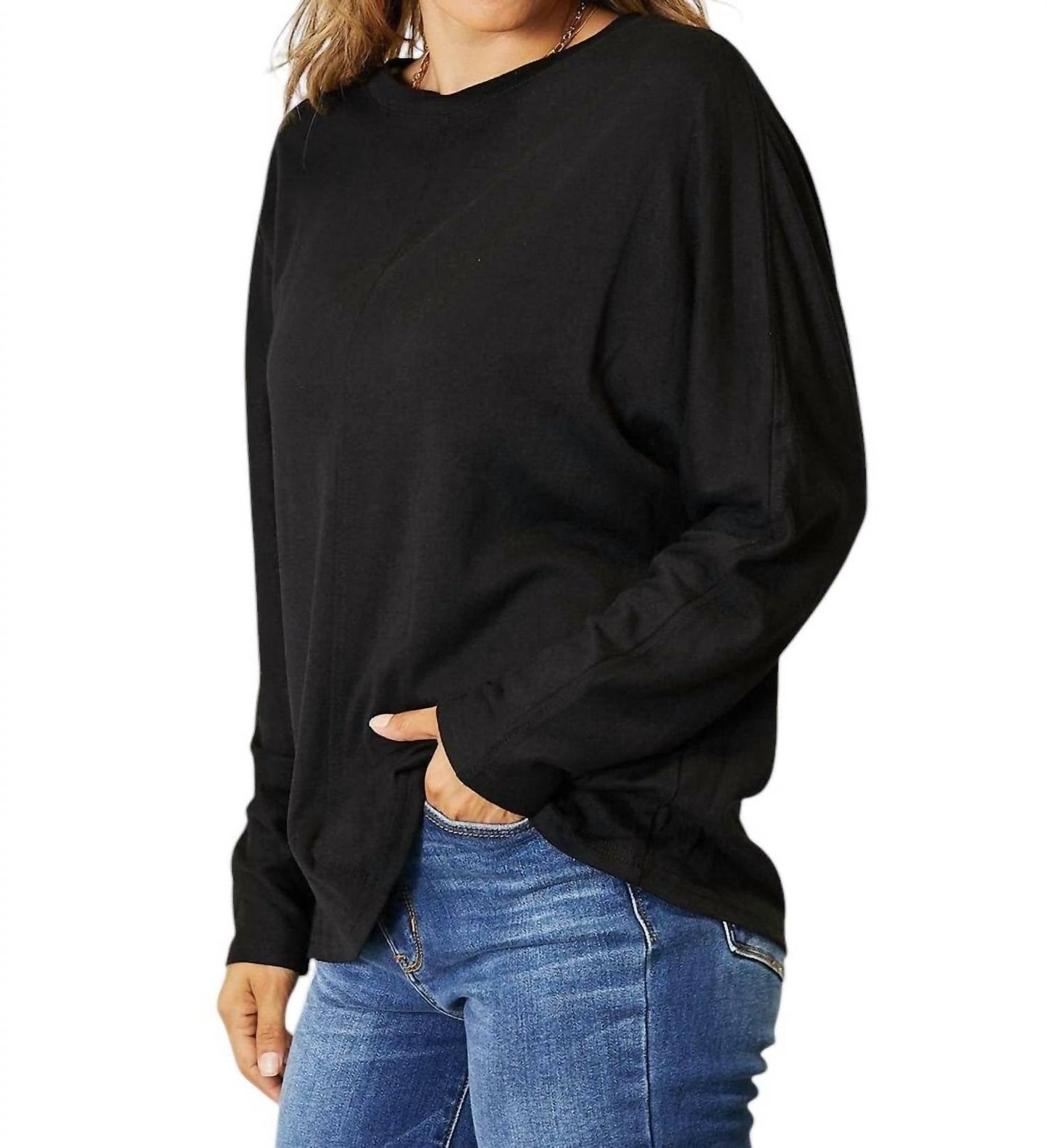 Double Take - Seam Detail Round Neck Top with Sheer Sleeves