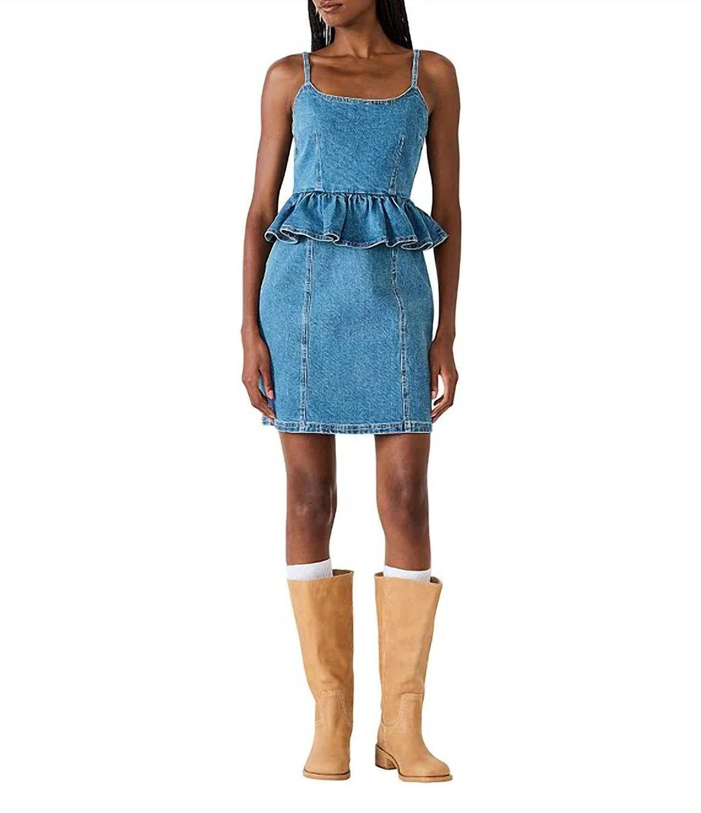 Steve Madden - Giselia Scoop Neck Sleeveless Peplum Waist Denim Mini Dress