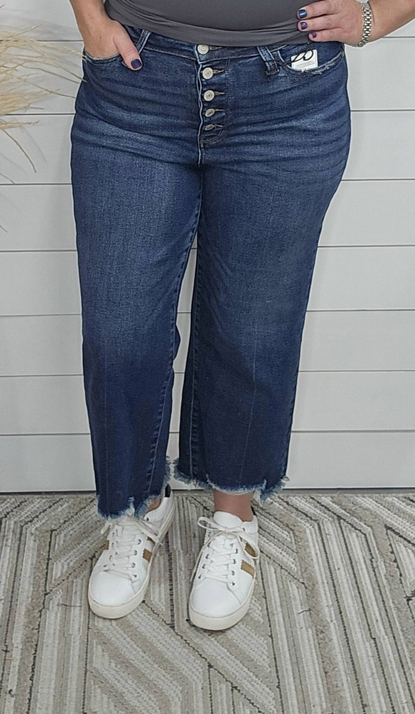 Judy Blue - Women's High Waist Button Fly Distressed Hem Crop Jeans