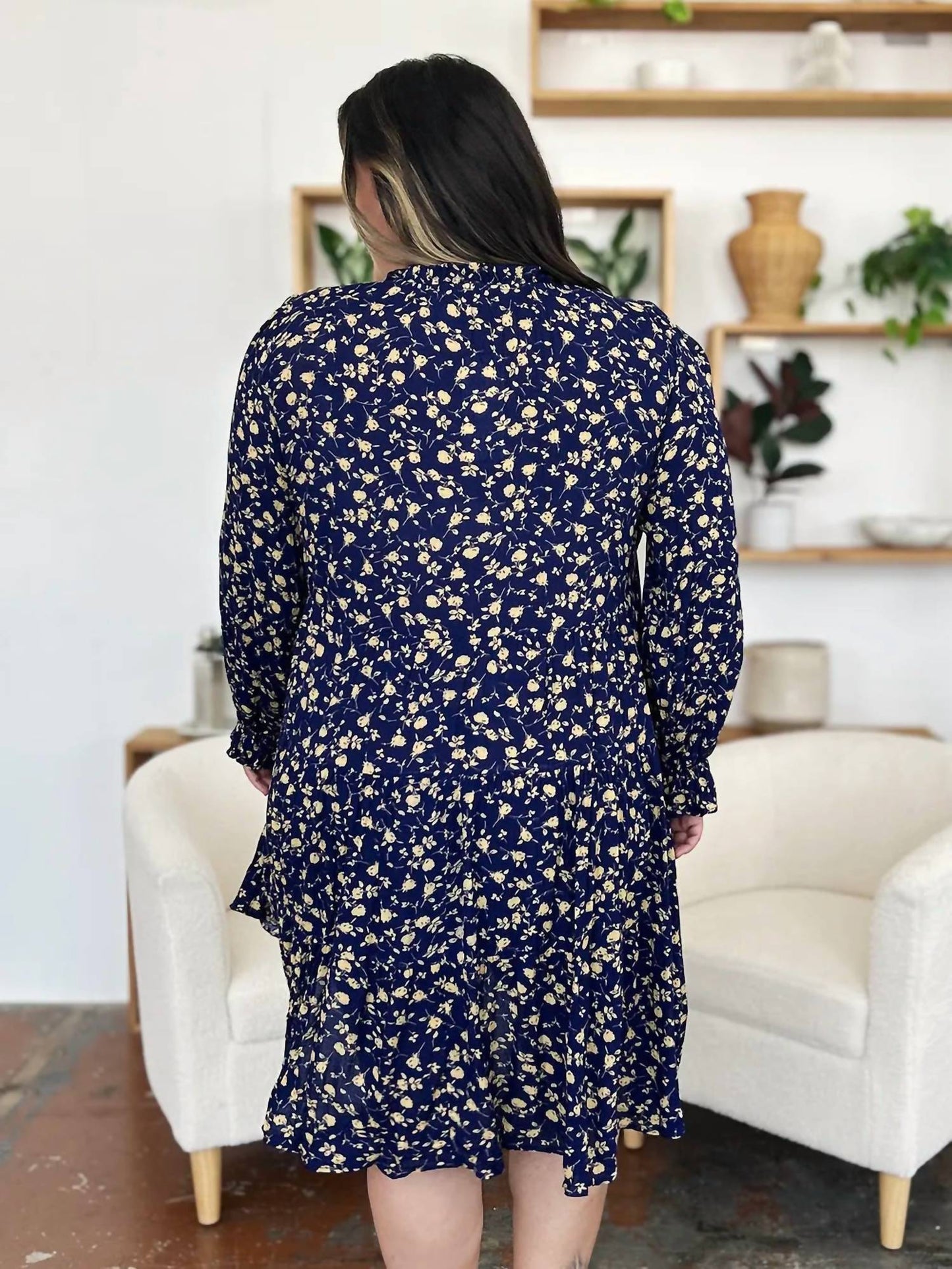 Double Take - Full Size Printed Ruffle Hem Long Sleeve Tiered Dress