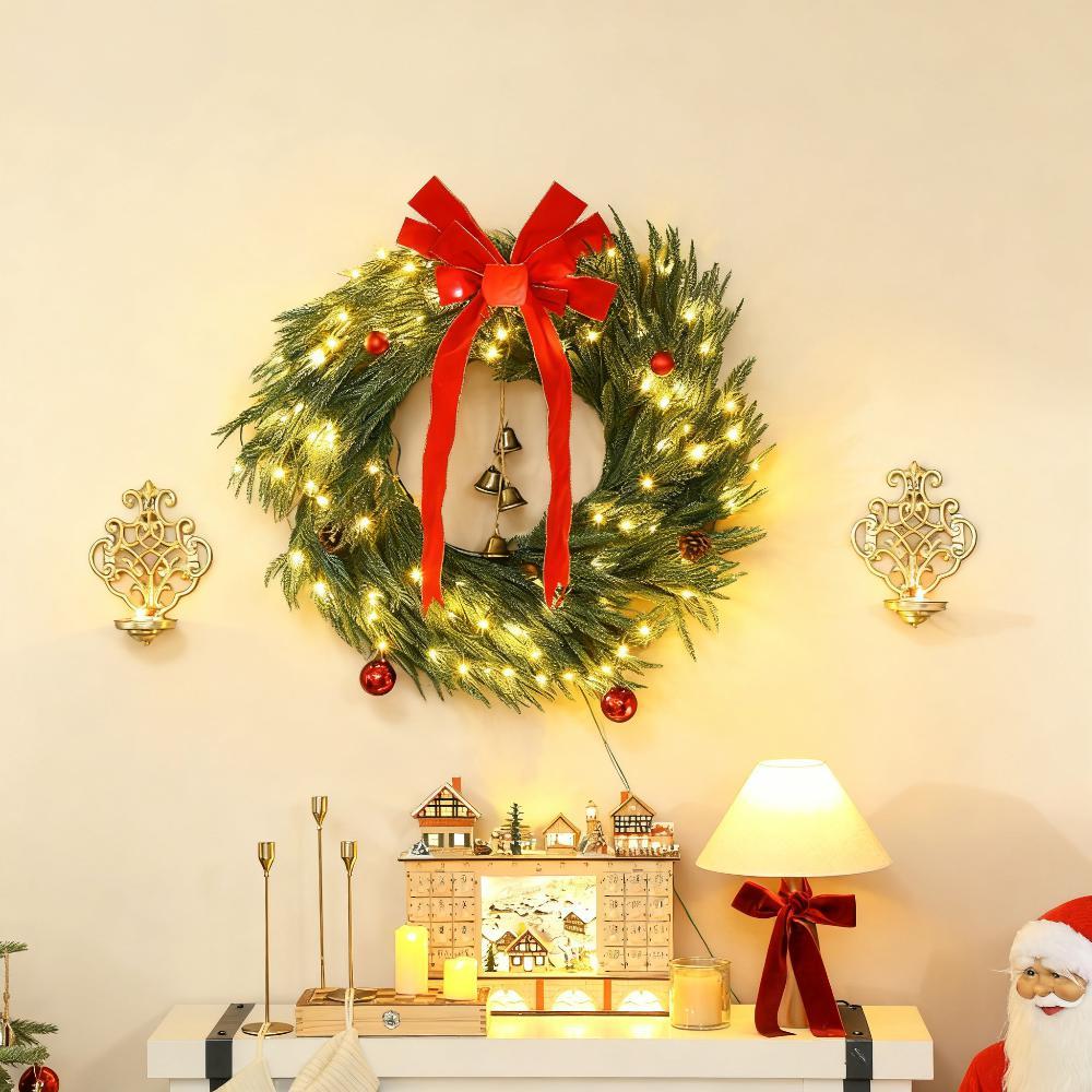 36-Inch Pre-Lit Norfolk Pine Christmas Wreath with Bells and Red Bow