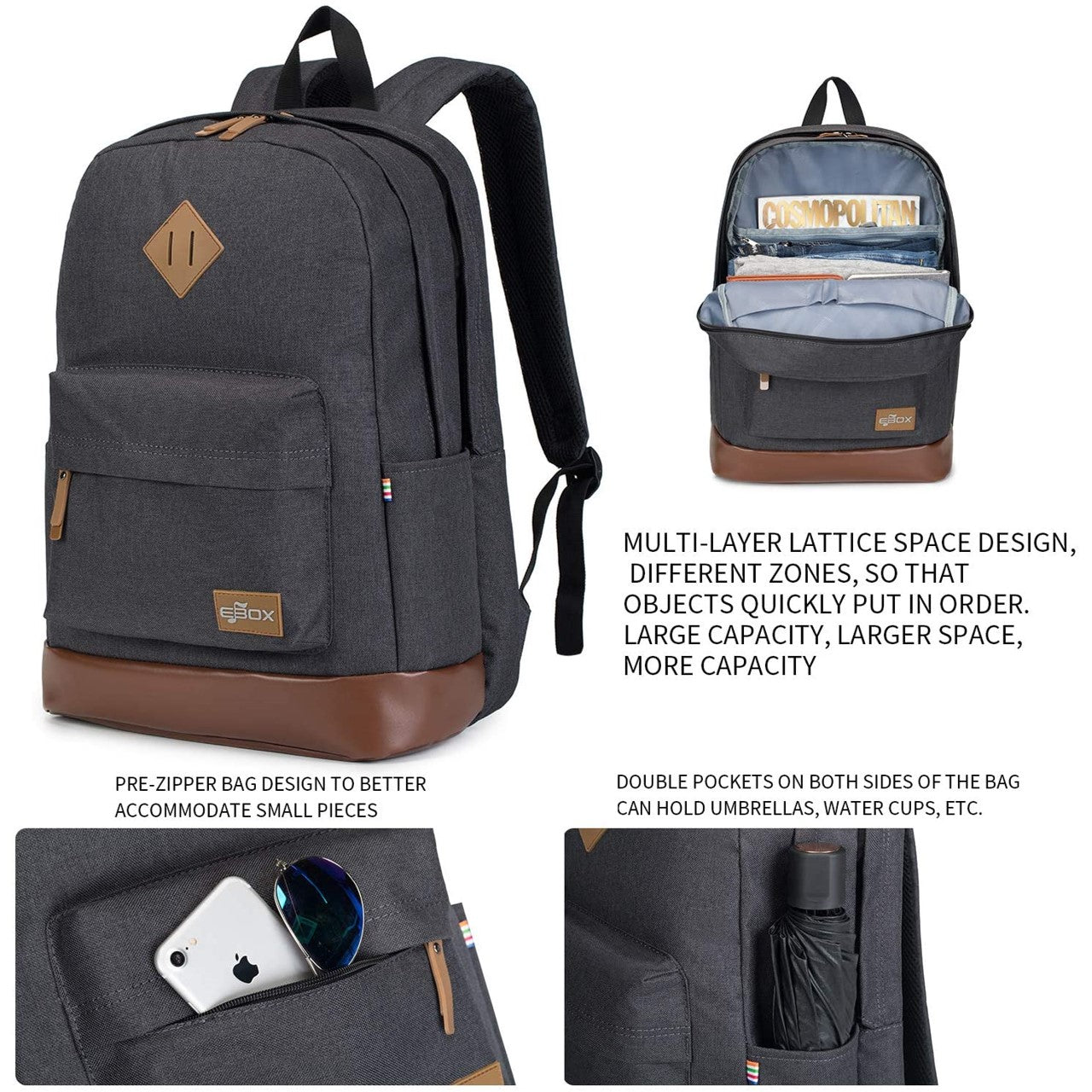 Ebox Classic Travel Backpack with Laptop Sleeve and Tablet Storage 15.6"