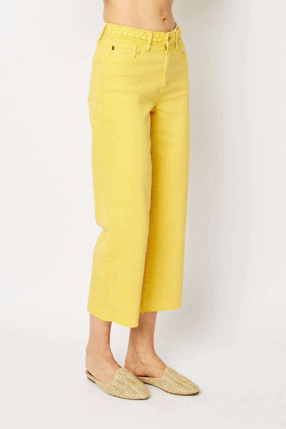 Judy Blue - High Waist Braided Waistband Wide Leg Crop Denim Jeans