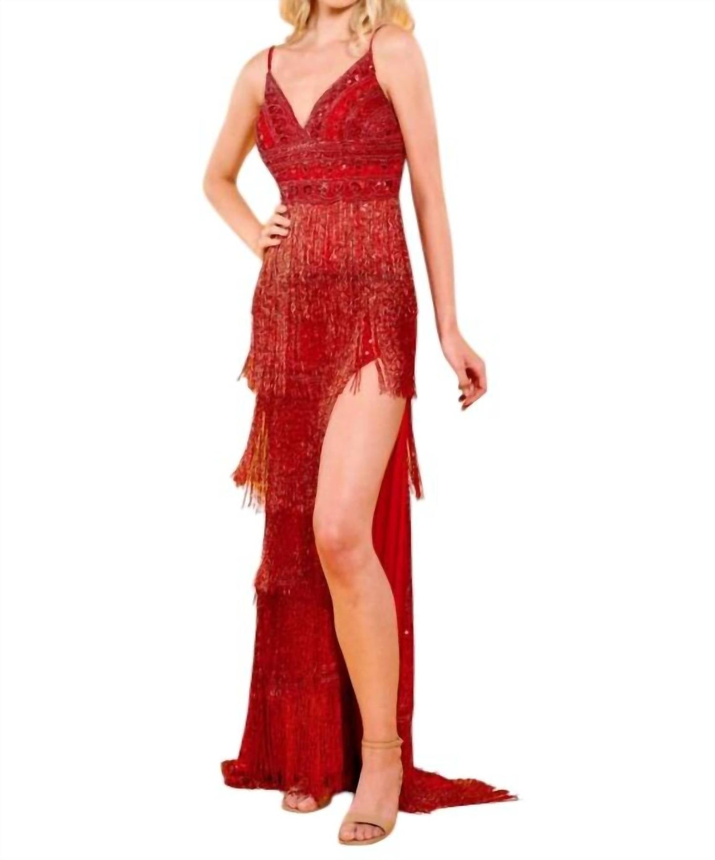 Rachel Allan - Beaded Fringe Sweetheart Neck Dress