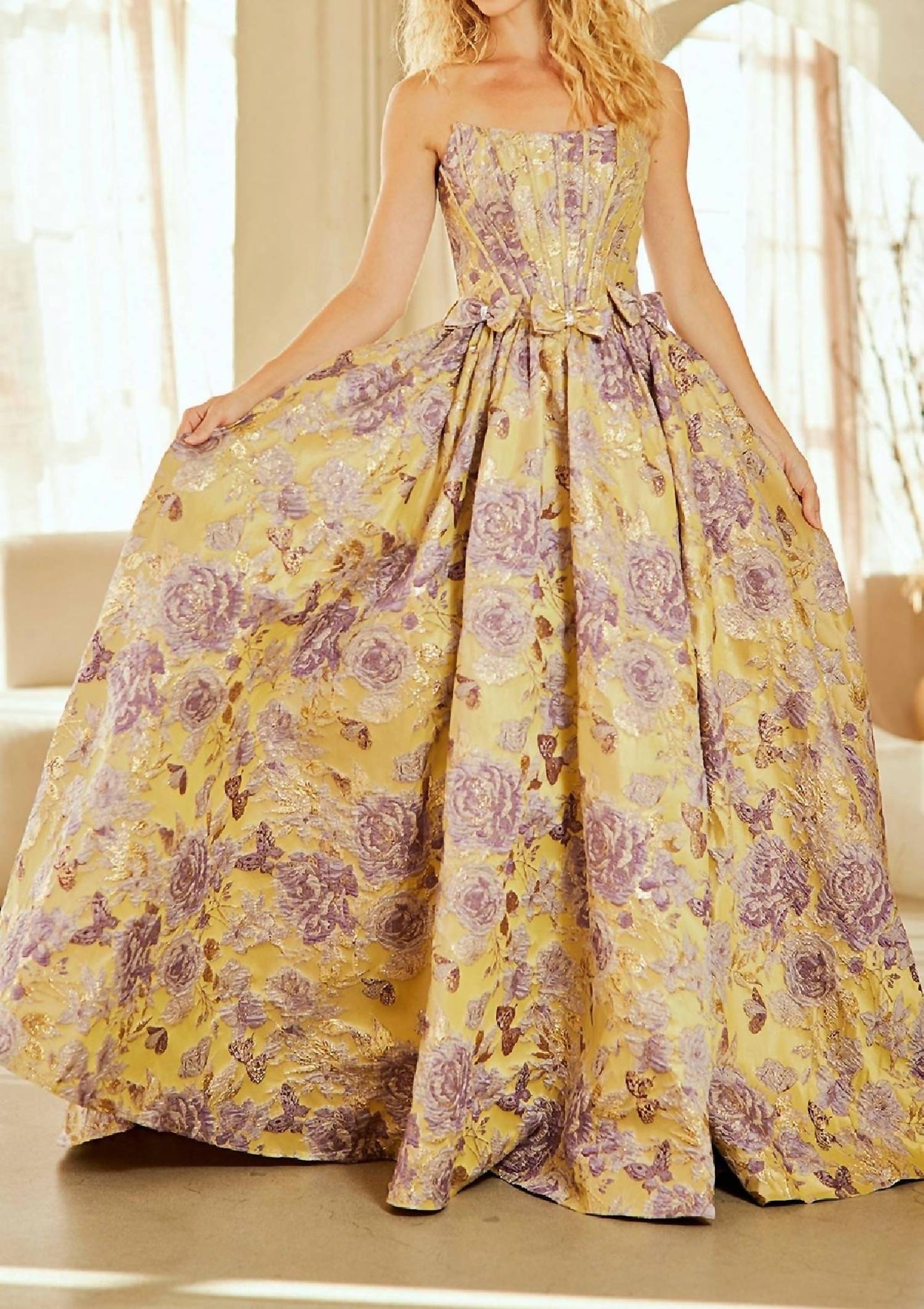 Amelia Couture - Strapless Flower Bow Detail Prom Gown