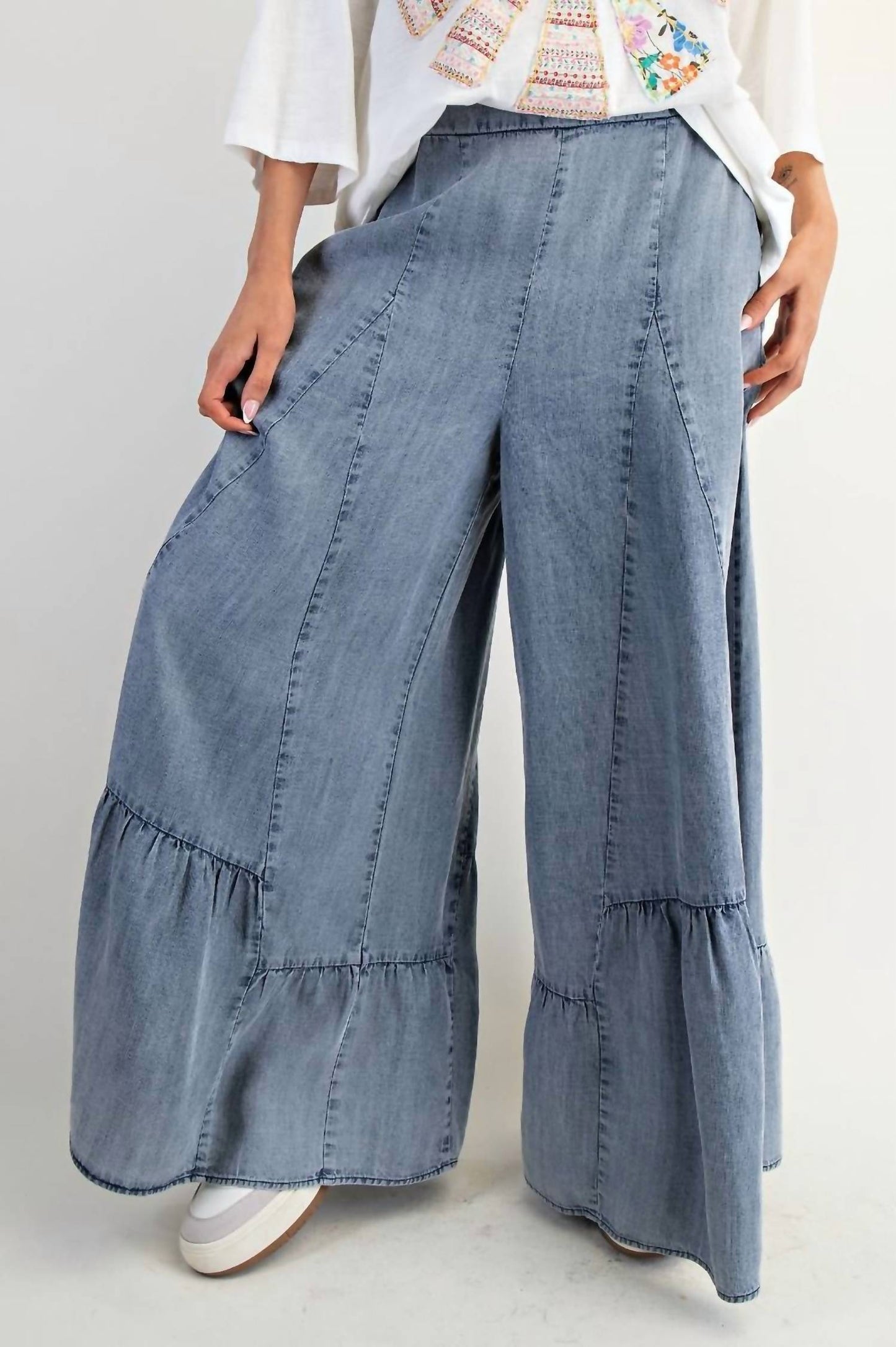 Easel - Ruffle Bottom Hem Washed Wide Leg Palazzo Pants