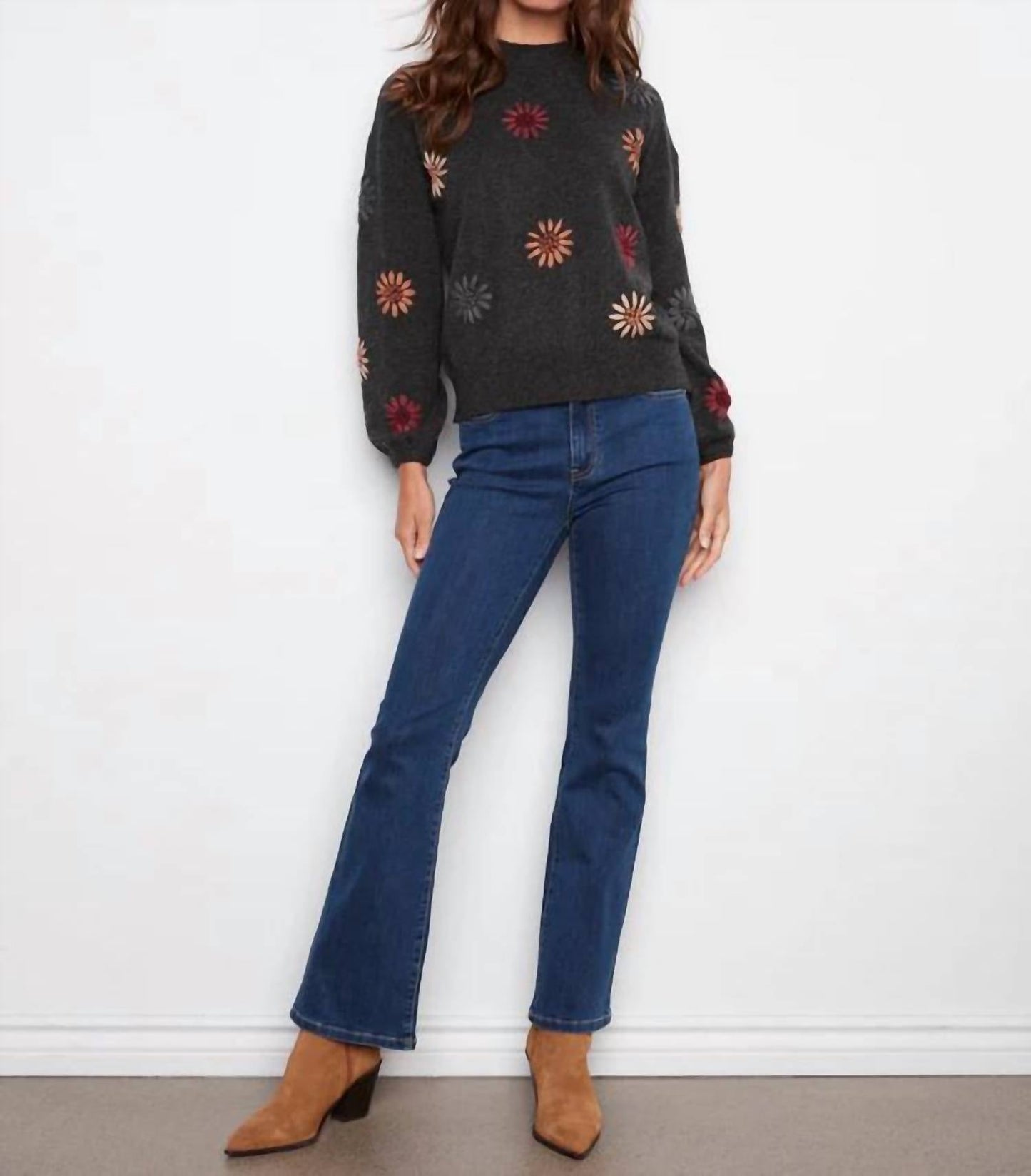 Charlie B - Mock Neck Floral Embroidery Sweater