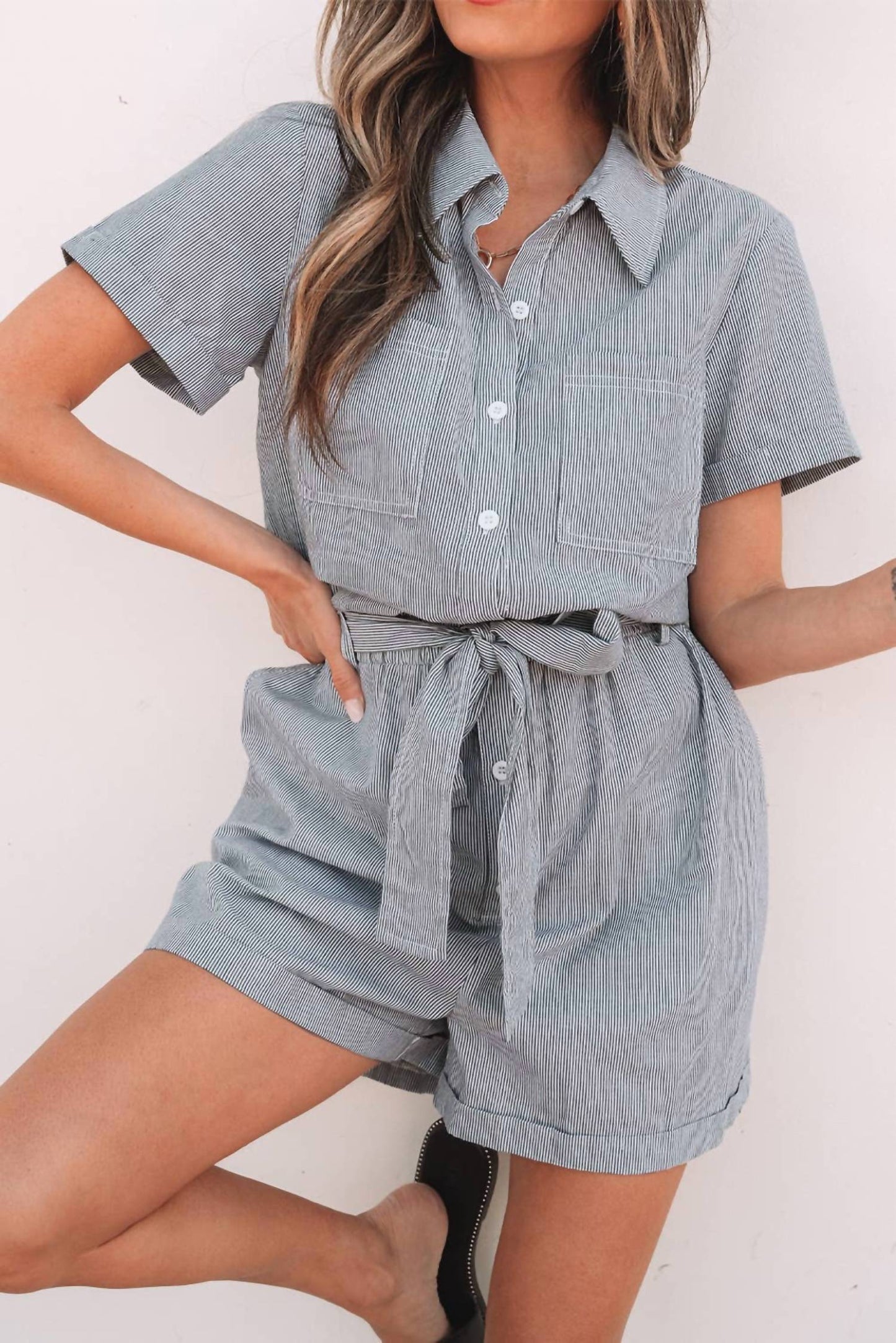 Aapparella - Pinstripe Collared Belted Romper