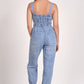 Elan - Smocking And Tie Waist Denim Jumpsuit