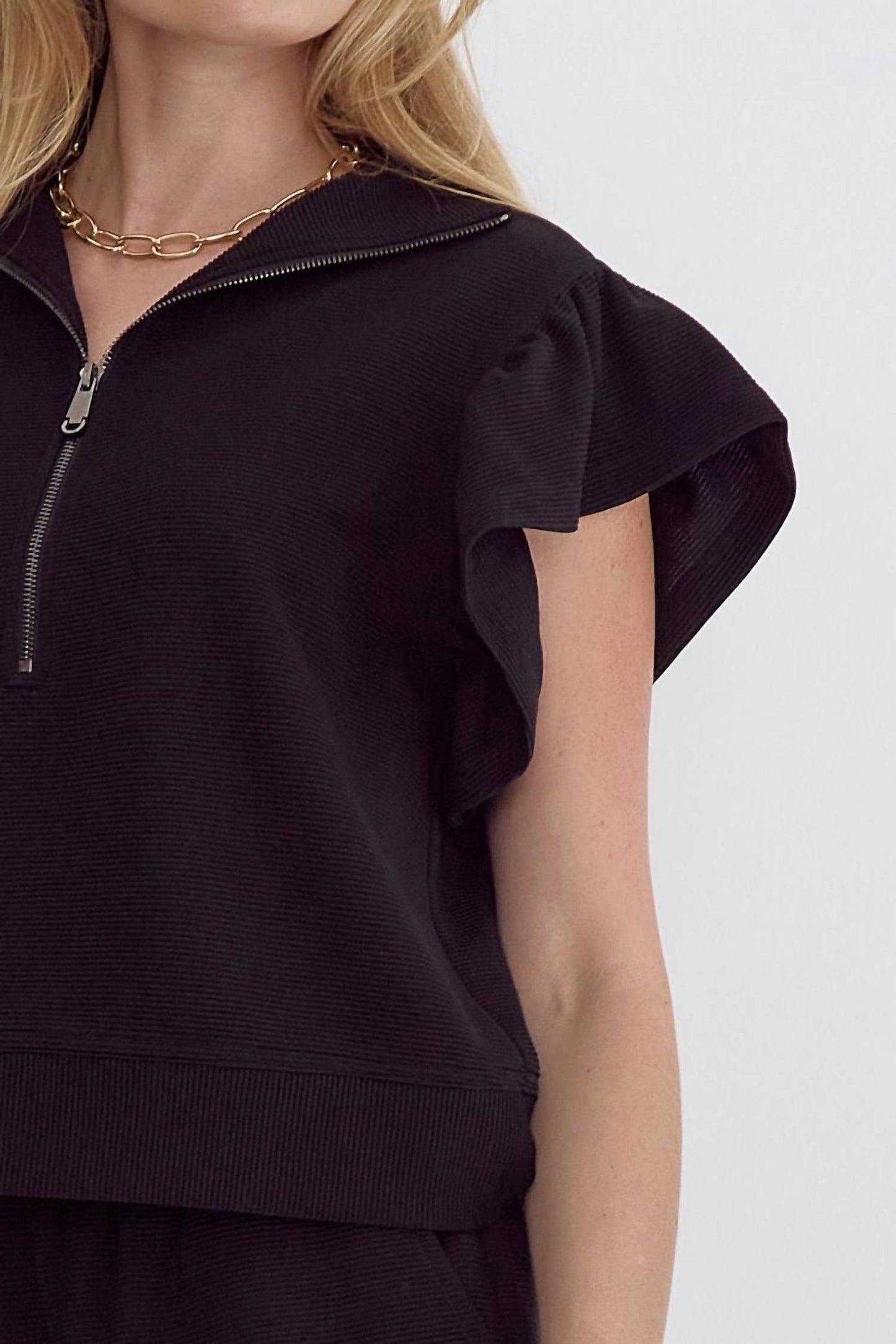 Entro - Half Zip Textured Flutter Sleeve Top
