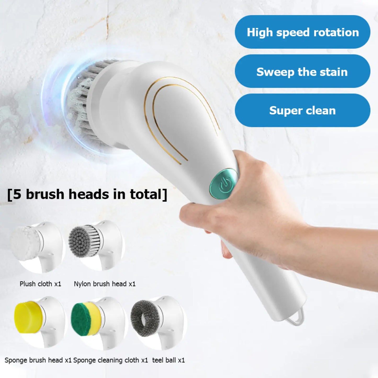 Electric Cleaning Brush Cordless Scrubber with 5 Heads