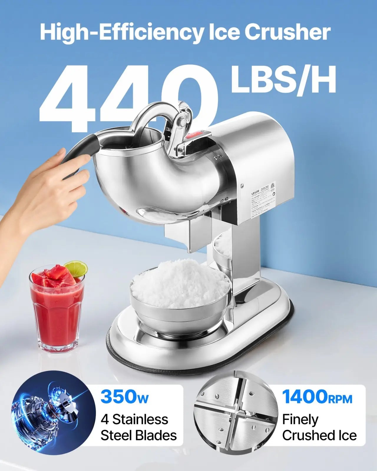 Electric Ice Crusher 440lbs Snow Cone Maker 350w