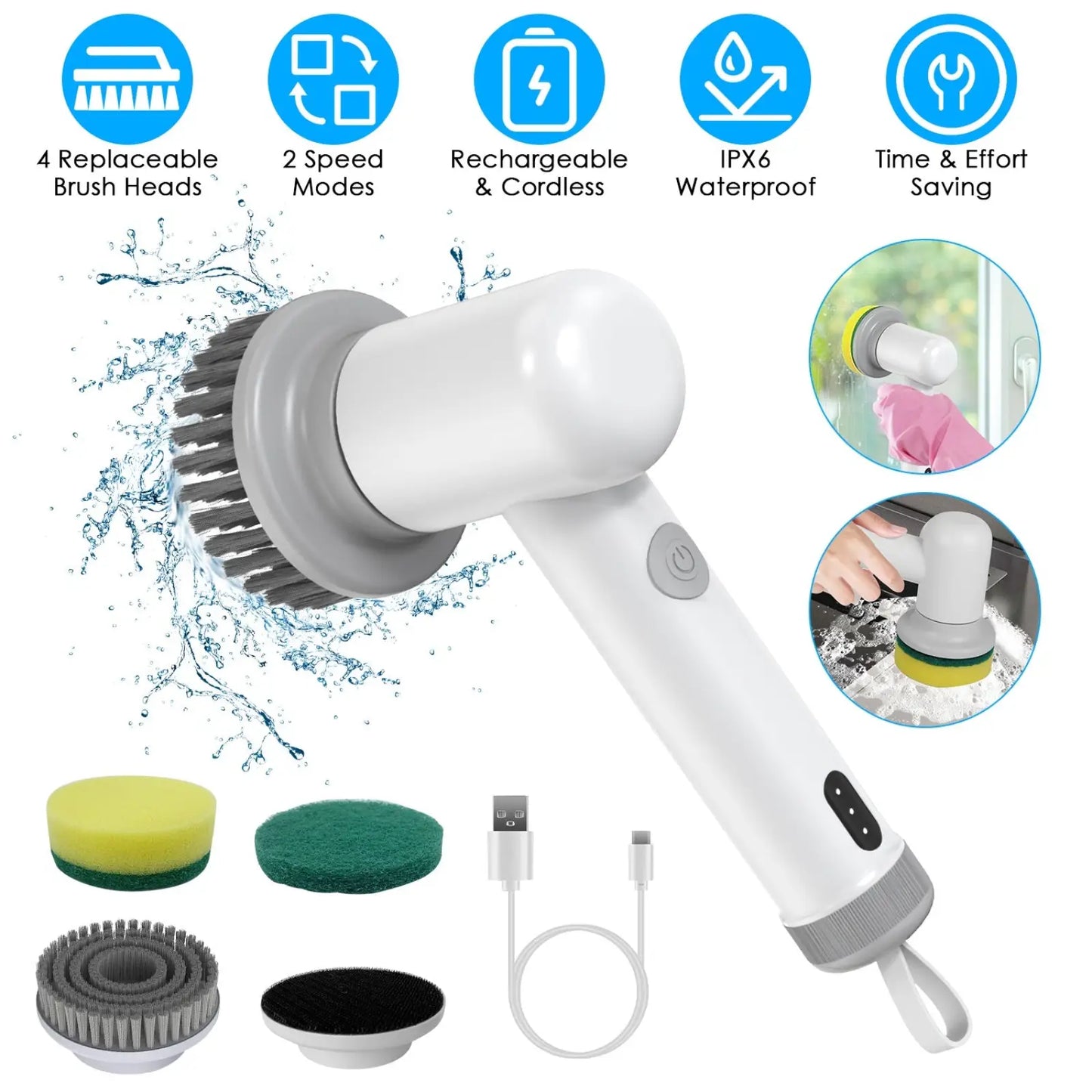 Electric Spin Scrubber Cordless Cleaning Brush with 4 Heads