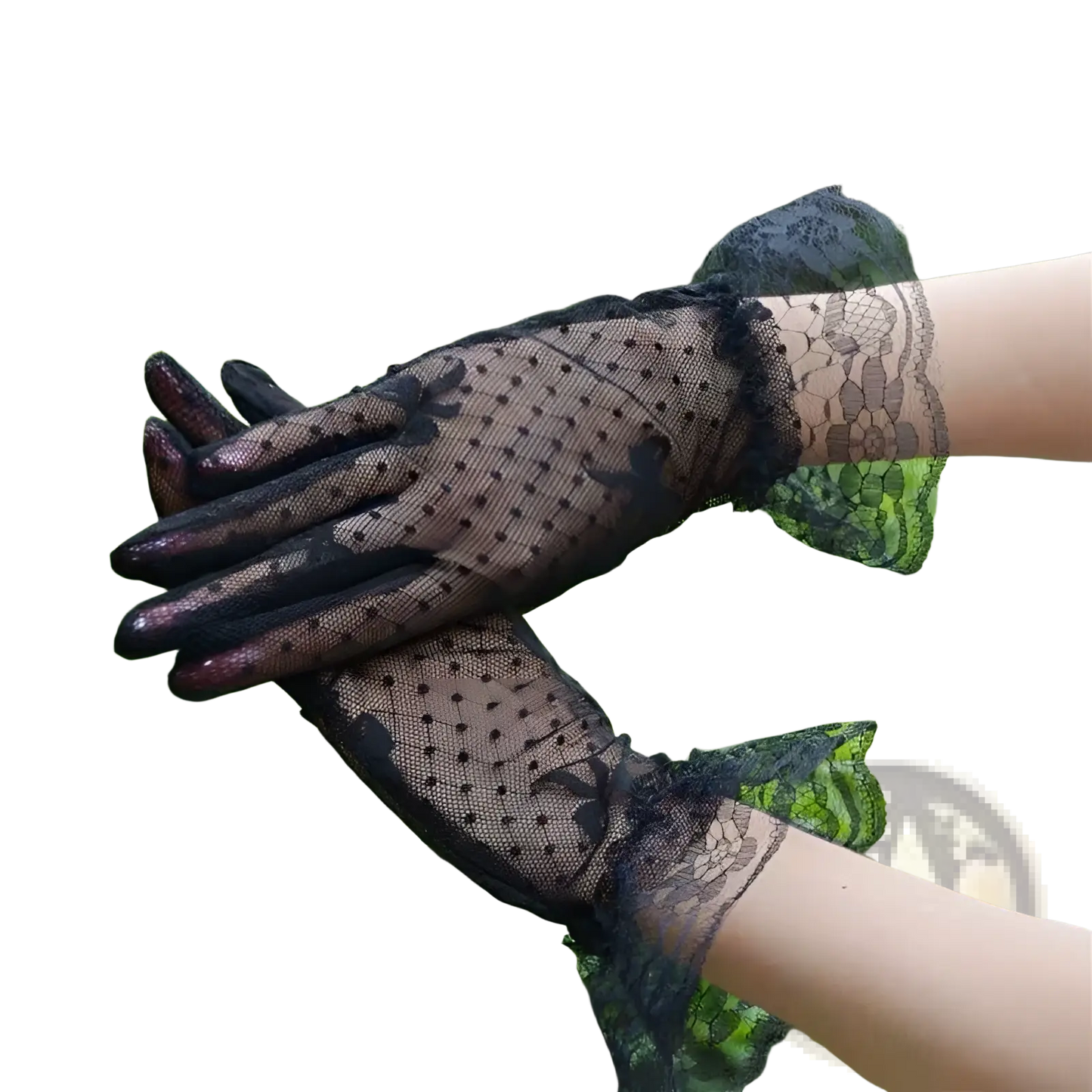 Elegant Black Floral Lace Ruffled Bow Gloves