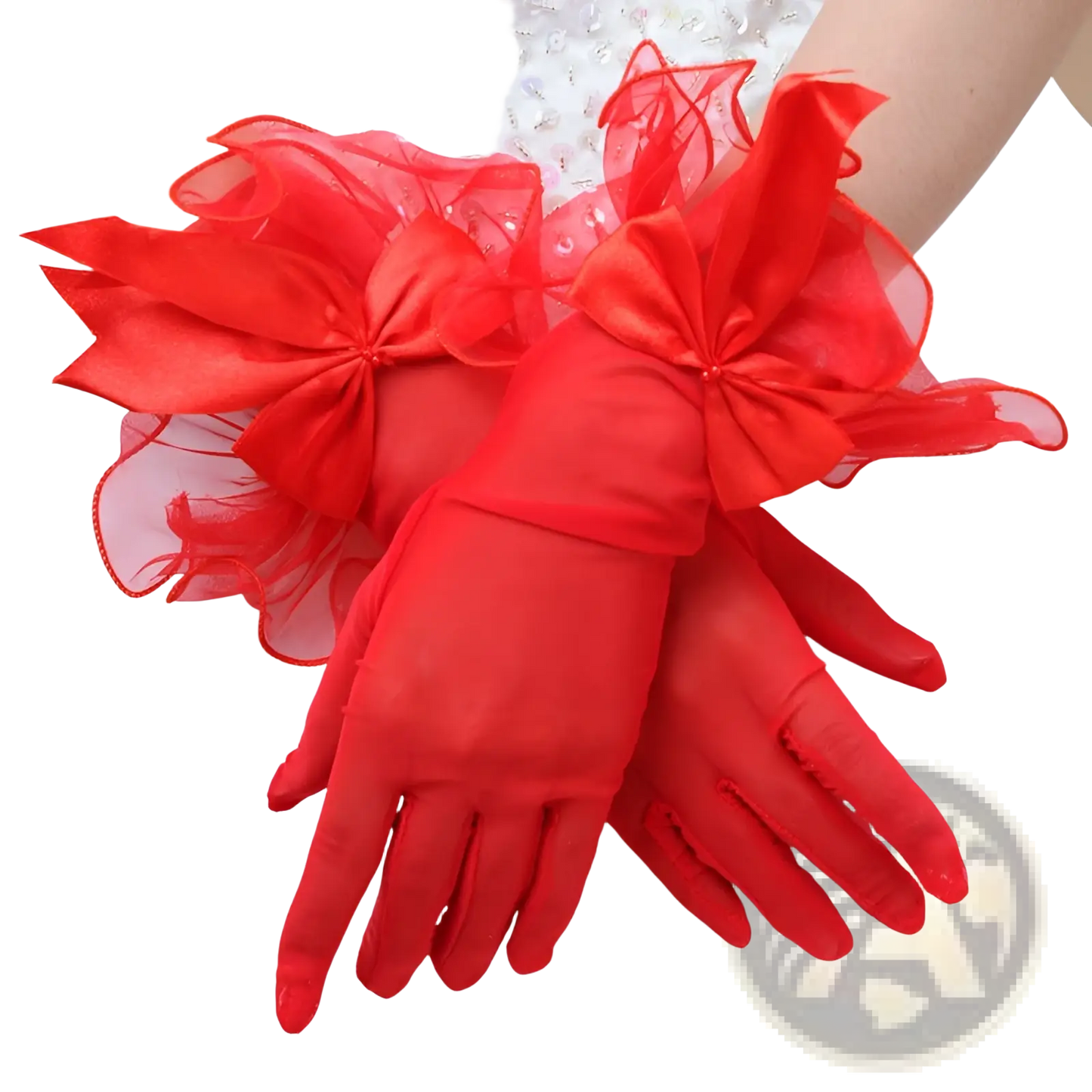 Elegant Black Lace and Satin Bow Evening Gloves