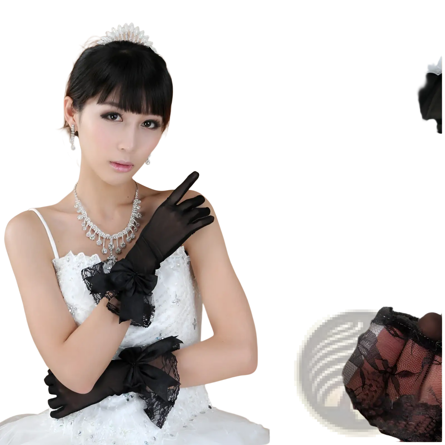 Elegant Black Lace and Satin Bow Evening Gloves