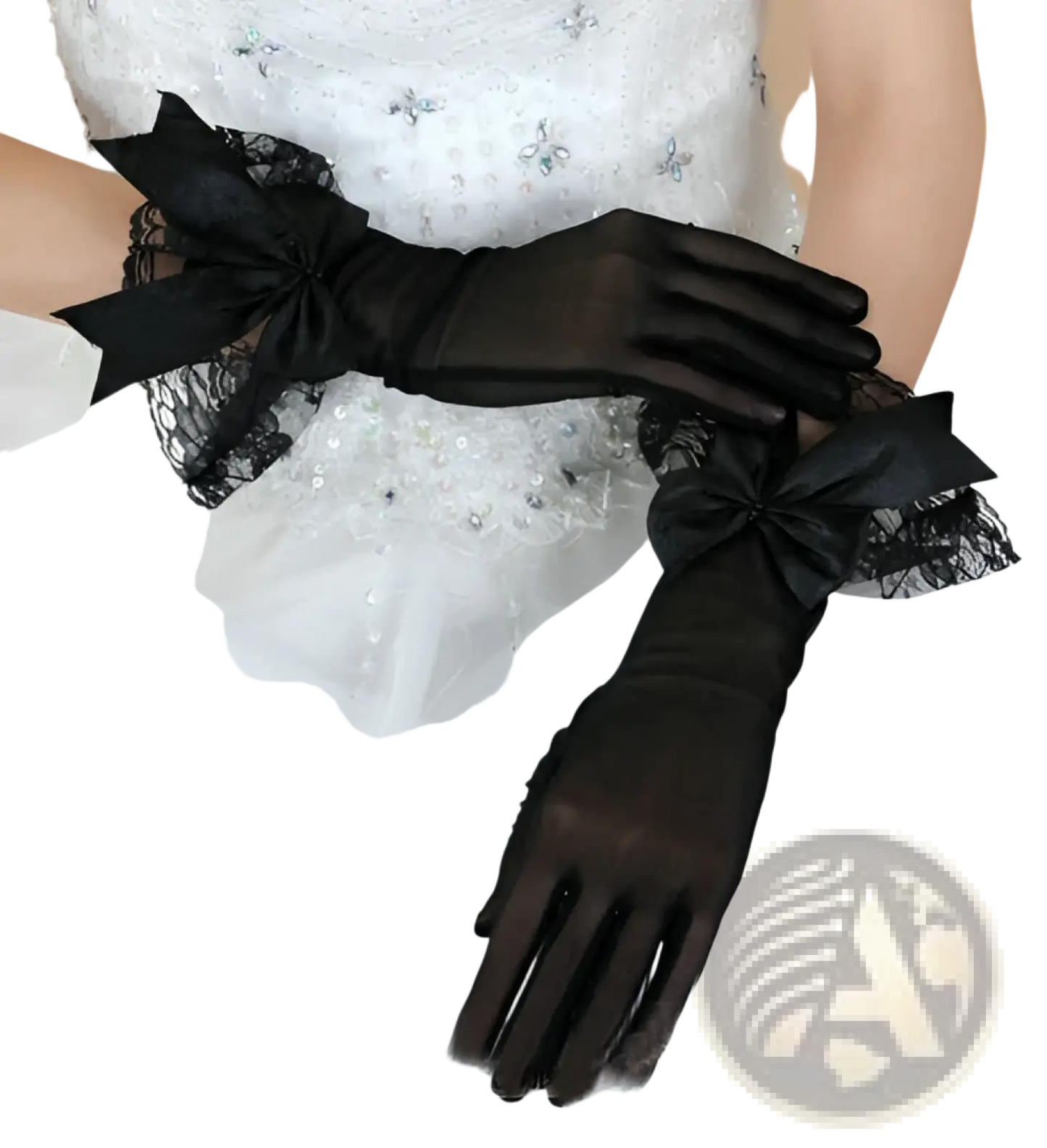 Elegant Black Lace and Satin Bow Evening Gloves