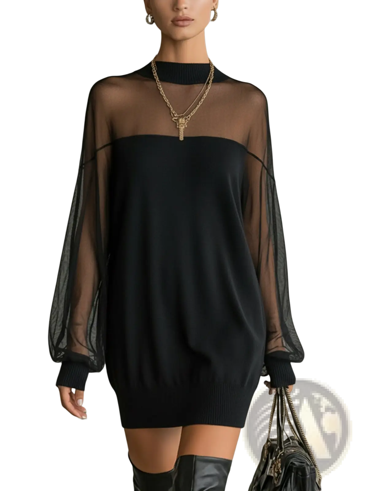 Elegant Black Mesh Patchwork Long Sleeve Mini Dress