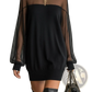 Elegant Black Mesh Patchwork Long Sleeve Mini Dress