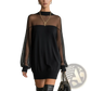 Elegant Black Mesh Patchwork Long Sleeve Mini Dress