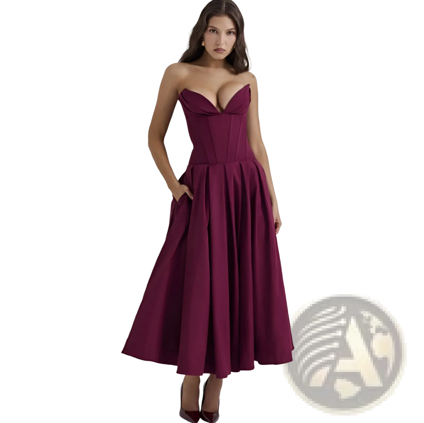 Elegant Black Strapless Flared Midi Dress