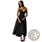 Elegant Black Strapless Flared Midi Dress