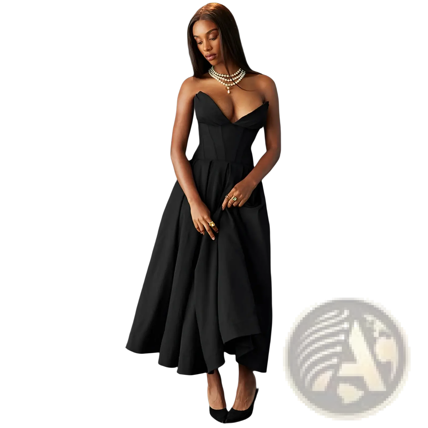 Elegant Black Strapless Flared Midi Dress