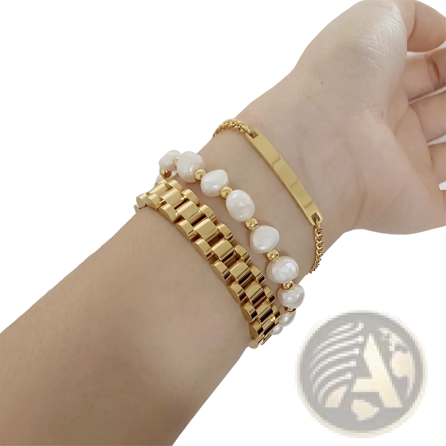 Elegant Gold Titanium Link Bracelet with Pearl Accents