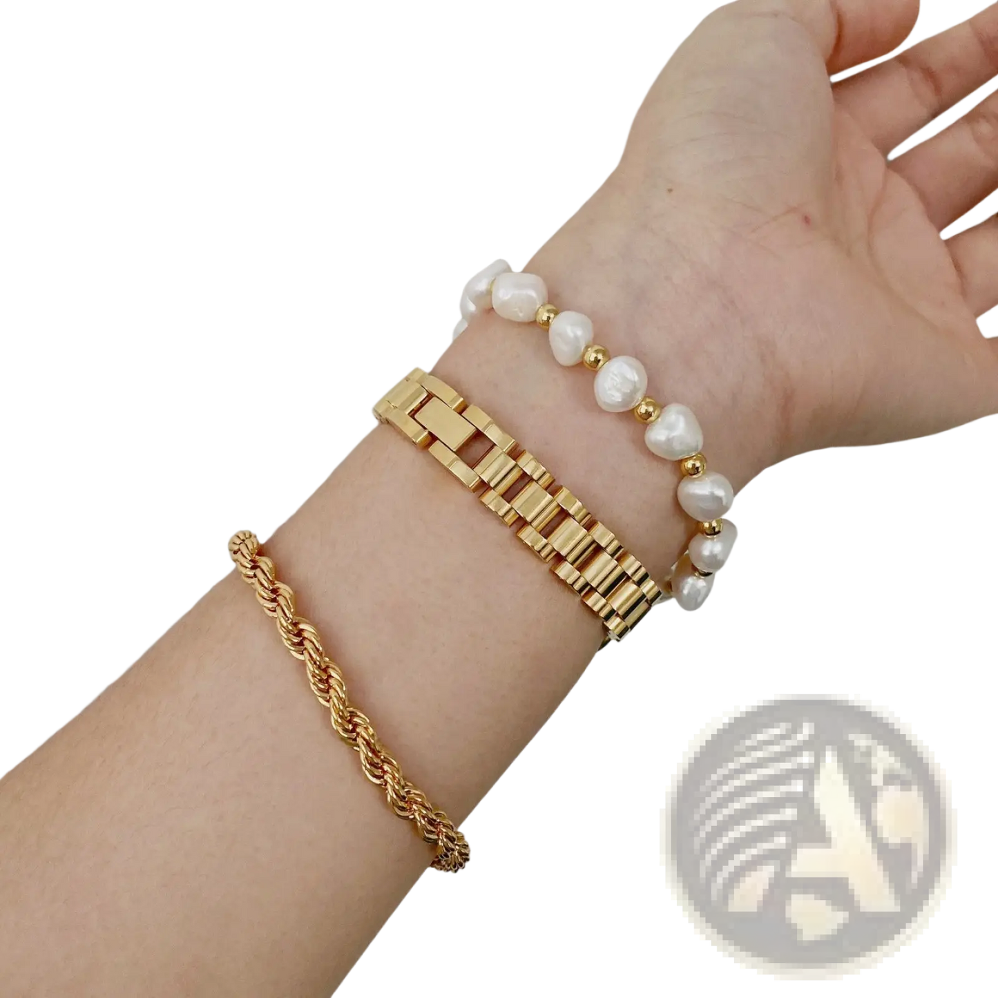 Elegant Gold Titanium Link Bracelet with Pearl Accents