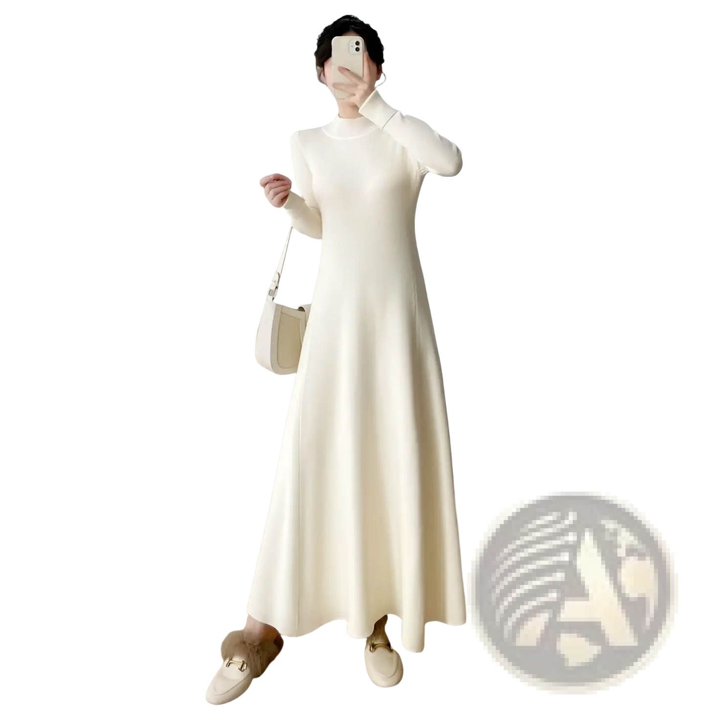 Elegant High Neck Long Sleeve Knit Midi Dress