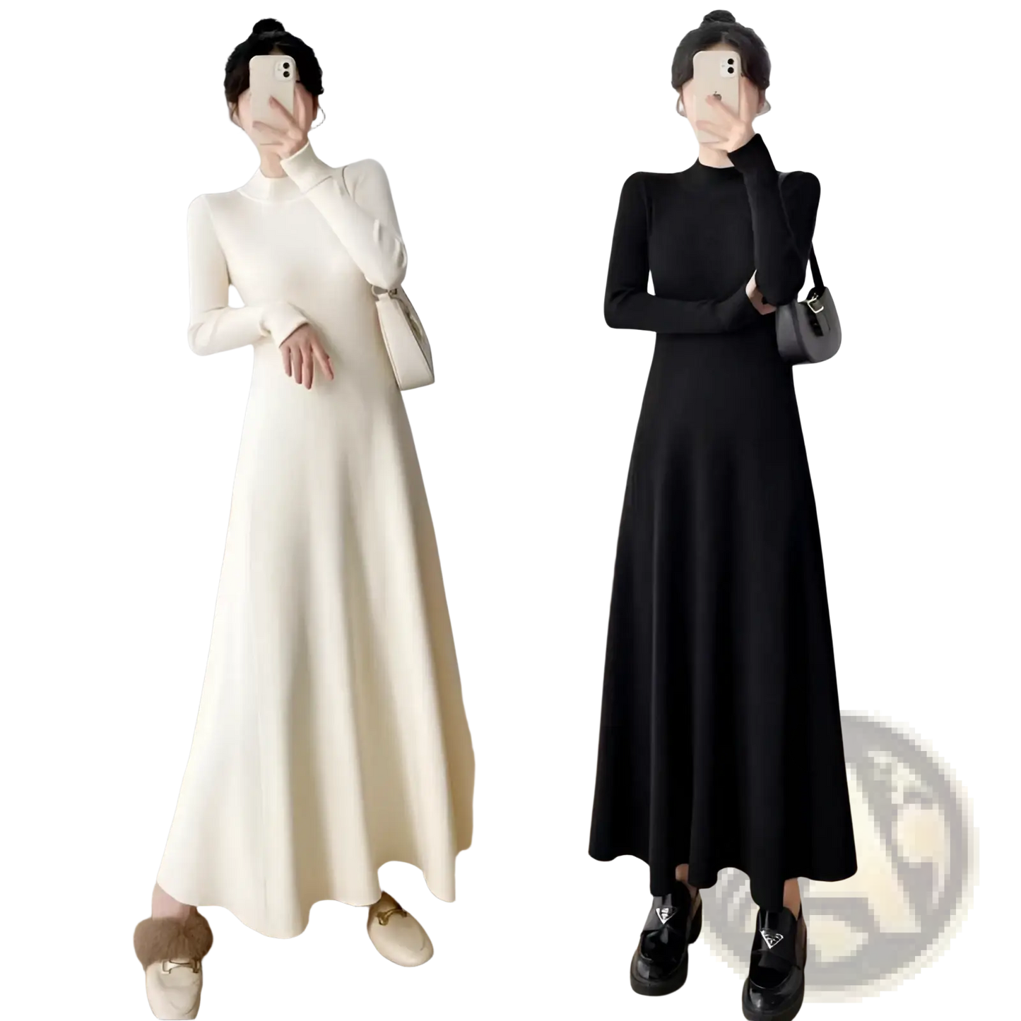 Elegant High Neck Long Sleeve Knit Midi Dress