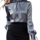 Elegant High Neck Satin Bow Blouse with Puff Sleeves
