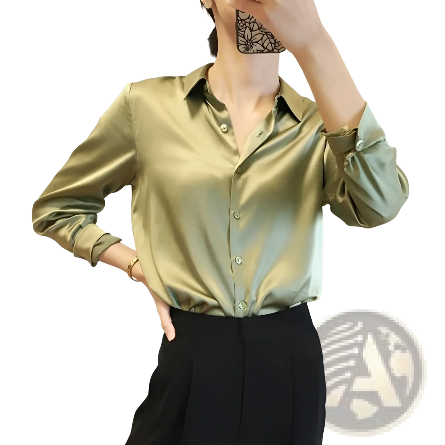 Elegant Long Sleeve Satin Button Down Silk Blouse