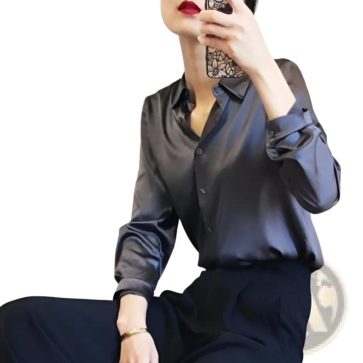 Elegant Long Sleeve Satin Button Down Silk Blouse