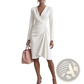 Elegant Long Sleeve v Neck Pleated Satin Midi Dress