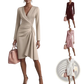 Elegant Long Sleeve v Neck Pleated Satin Midi Dress