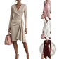 Elegant Long Sleeve v Neck Pleated Satin Midi Dress