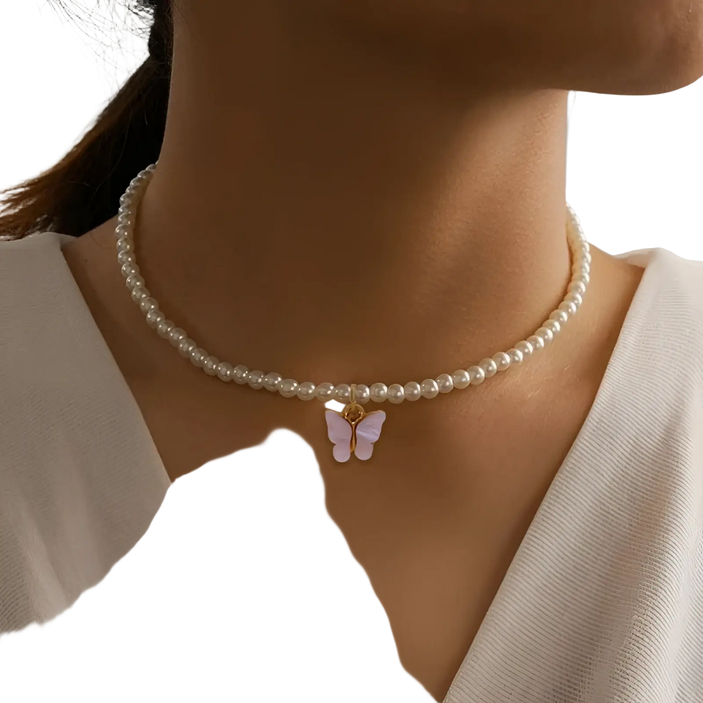 Elegant Pearl Butterfly Charm Choker Necklace