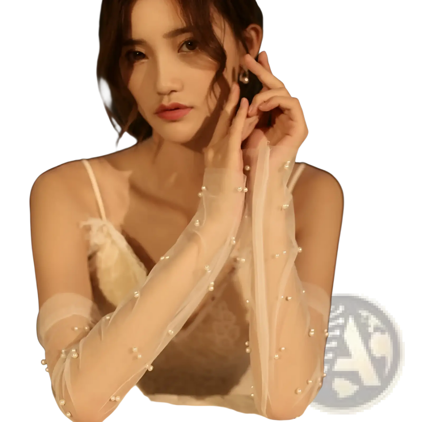 Elegant Pearl Embellished Sheer Mesh Bridal Gloves